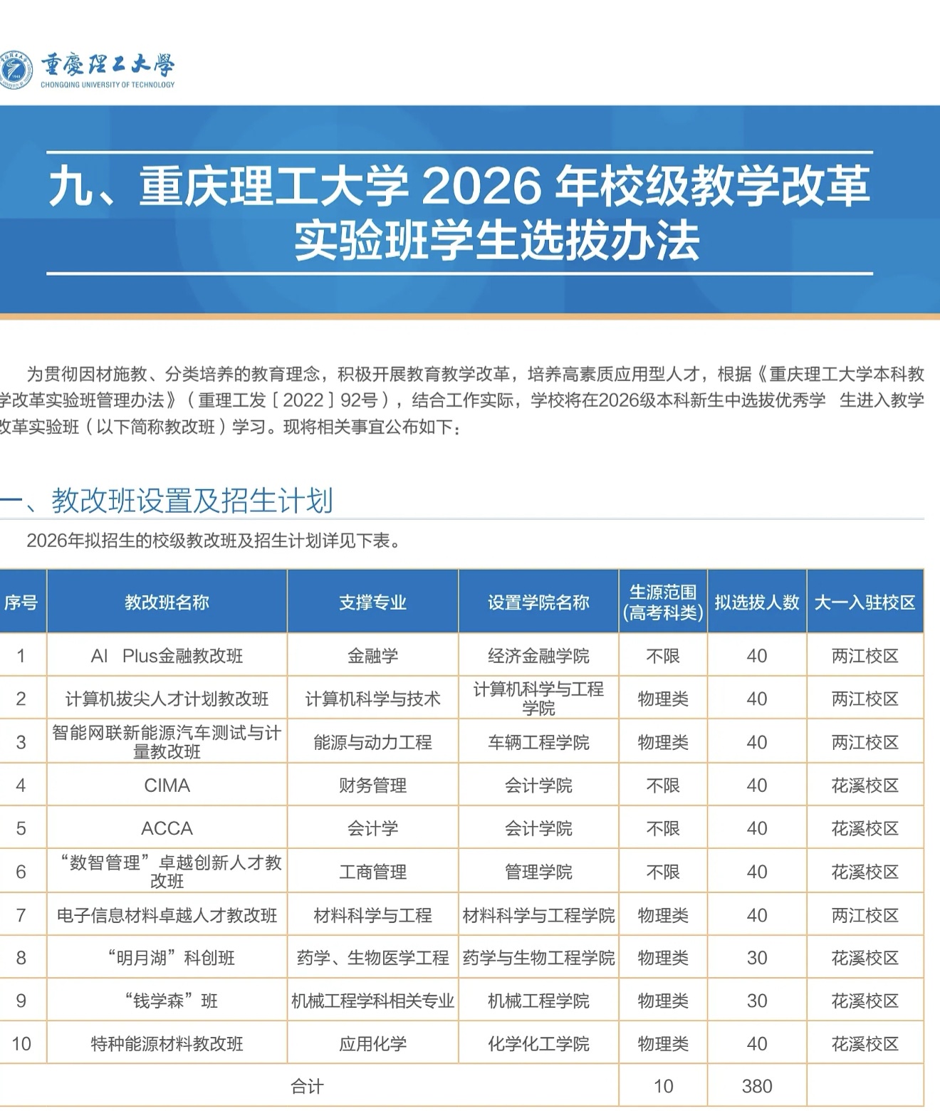 教改班设置及招生计划
